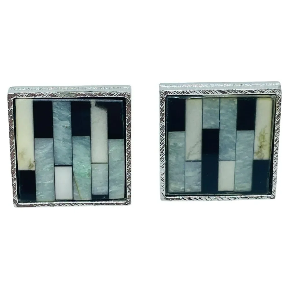 Vintage silver tone glass mosaic modernist massive designer cufflinks